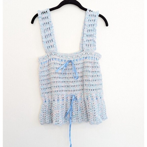Handmade Tops - Hand Crochet Top Womens Size M/L Blue Handmade Sleeveless Cottagecore Grandma
